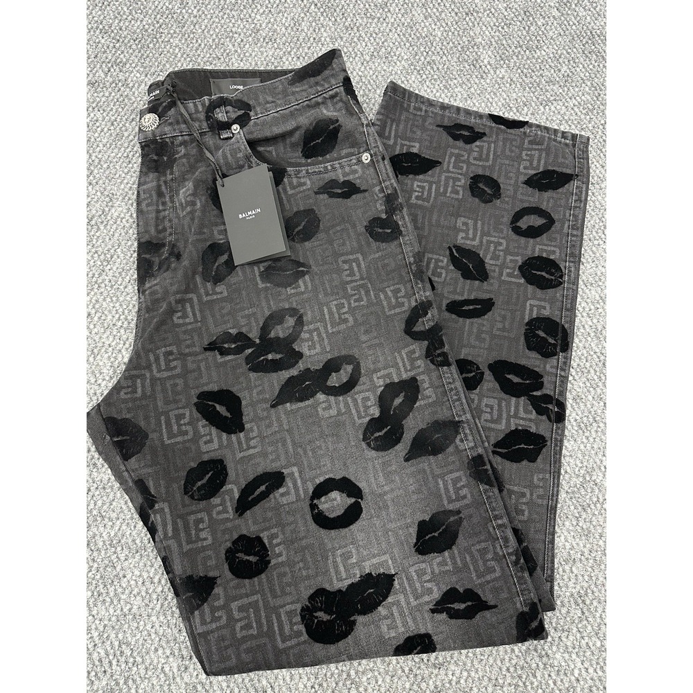 Balmain Men's 34 Black Monogram Flock Kiss Relaxed-Fit Denim Jeans - New